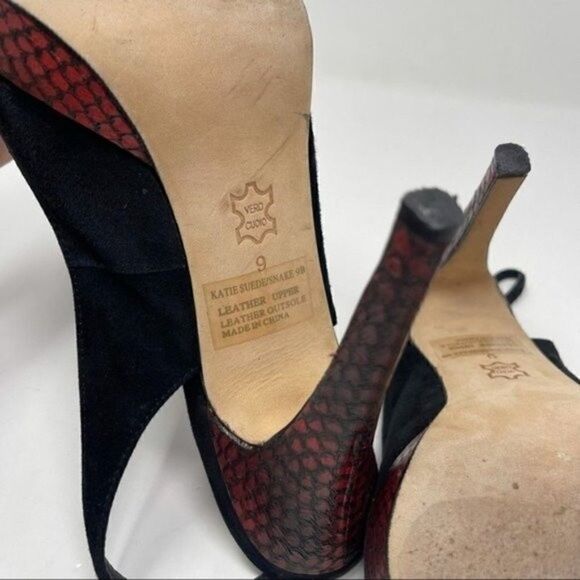 Bebe platform sling back heels black suede red snake skin stiletto 9B BoxD - Picture 7 of 9